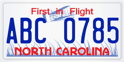 NC license plate ABC0785