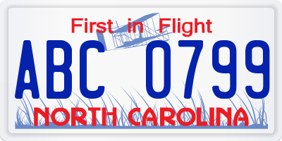 NC license plate ABC0799