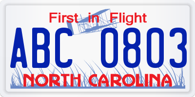 NC license plate ABC0803