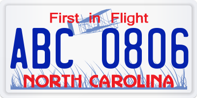 NC license plate ABC0806