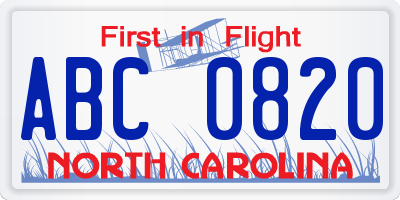 NC license plate ABC0820