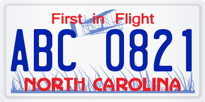 NC license plate ABC0821