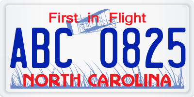 NC license plate ABC0825