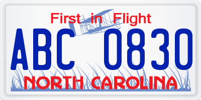 NC license plate ABC0830
