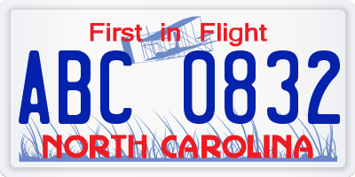 NC license plate ABC0832