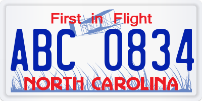 NC license plate ABC0834
