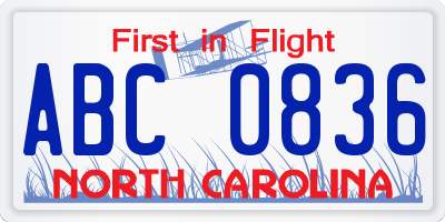 NC license plate ABC0836