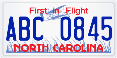 NC license plate ABC0845
