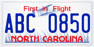 NC license plate ABC0850