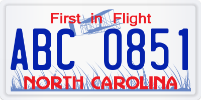 NC license plate ABC0851