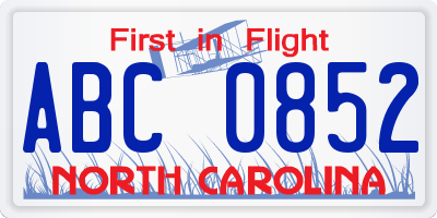 NC license plate ABC0852