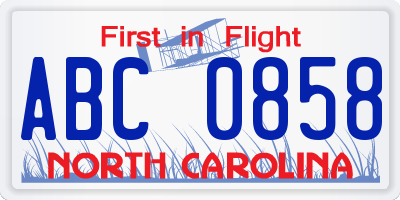 NC license plate ABC0858