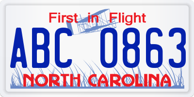 NC license plate ABC0863