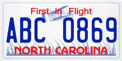 NC license plate ABC0869