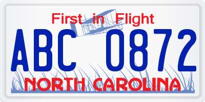 NC license plate ABC0872