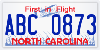 NC license plate ABC0873