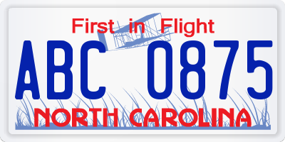 NC license plate ABC0875