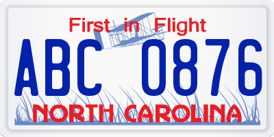 NC license plate ABC0876