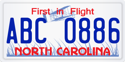 NC license plate ABC0886