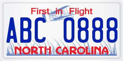 NC license plate ABC0888
