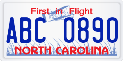 NC license plate ABC0890