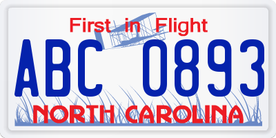 NC license plate ABC0893
