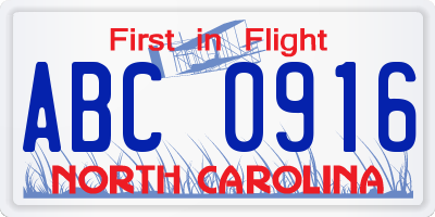 NC license plate ABC0916