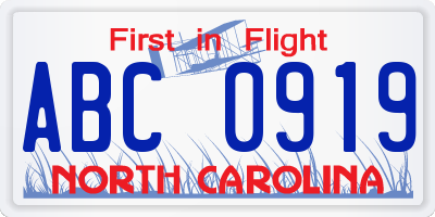 NC license plate ABC0919