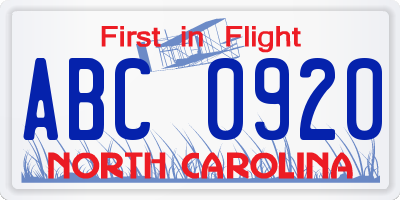 NC license plate ABC0920