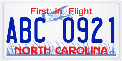 NC license plate ABC0921