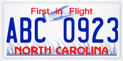 NC license plate ABC0923