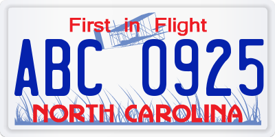 NC license plate ABC0925
