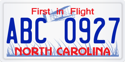 NC license plate ABC0927
