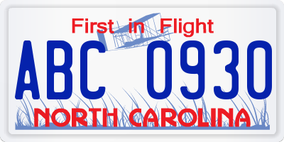 NC license plate ABC0930