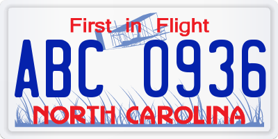 NC license plate ABC0936
