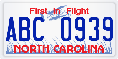 NC license plate ABC0939