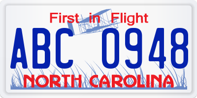 NC license plate ABC0948