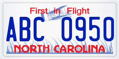NC license plate ABC0950