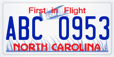 NC license plate ABC0953