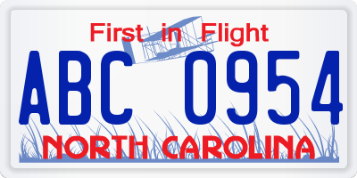 NC license plate ABC0954