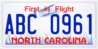 NC license plate ABC0961
