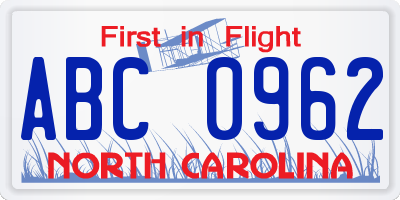 NC license plate ABC0962