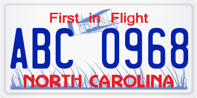 NC license plate ABC0968