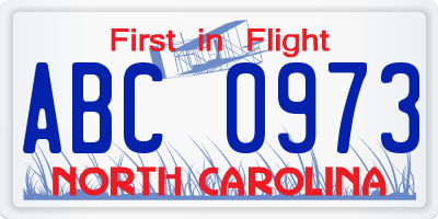 NC license plate ABC0973