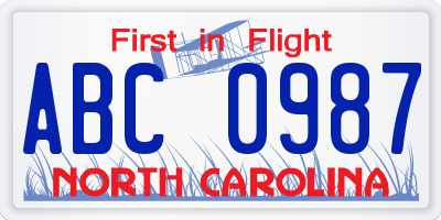 NC license plate ABC0987