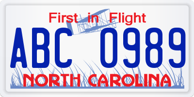 NC license plate ABC0989