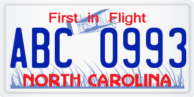 NC license plate ABC0993
