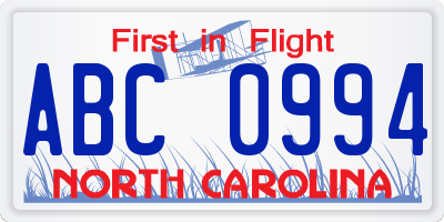 NC license plate ABC0994