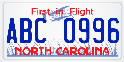 NC license plate ABC0996
