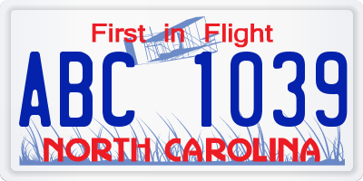 NC license plate ABC1039